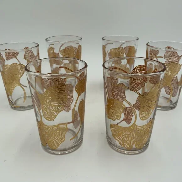 Set of 6 Vintage Moroccan Tea Glasses with Gold Gingko Leaf 4" - Picture 4 of 5